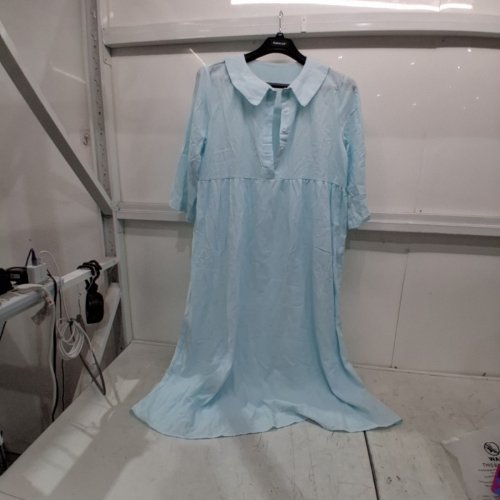 WOMEN'S LAPEL LOOSE FIT CASUAL PLEATED 3/4 SLEEVE BUTTON DOWN SHIRT DRESS MIDI DRESS - MEDIUM - COTTON LINEN/LIGHT BLUE image 2