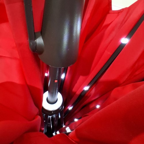 SANGMUCEN PATIO UMBRELLA WITH SOLAR-POWERED LED LIGHTS, CRANK, AND TILT - 9FT - 1800MAH BATTERY - RED/BLACK (MODEL: HPU093RV2) image 2
