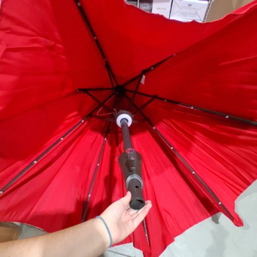 SANGMUCEN PATIO UMBRELLA WITH SOLAR-POWERED LED LIGHTS, CRANK, AND TILT - 9FT - 1800MAH BATTERY - RED/BLACK (MODEL: HPU093RV2) image 3