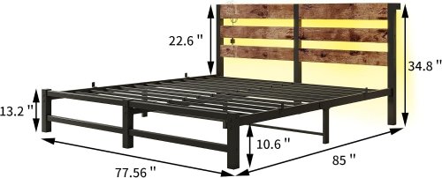 VERFARM HEAVY DUTY METAL PLATFORM BED FRAME WITH CHARGING STATION & LED LIGHTS - 77.56" X 85" X 34.8" - KING - BLACK/BROWN (MODEL: BF-1031F/G/R(PC+DD)) image 2