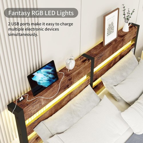 VERFARM HEAVY DUTY METAL PLATFORM BED FRAME WITH CHARGING STATION & LED LIGHTS - 77.56" X 85" X 34.8" - KING - BLACK/BROWN (MODEL: BF-1031F/G/R(PC+DD)) image 3