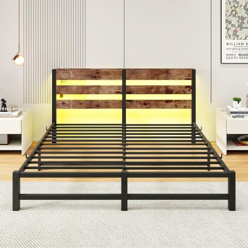 VERFARM HEAVY DUTY METAL PLATFORM BED FRAME WITH CHARGING STATION & LED LIGHTS - 77.56" X 85" X 34.8" - KING - BLACK/BROWN (MODEL: BF-1031F/G/R(PC+DD)) image 4