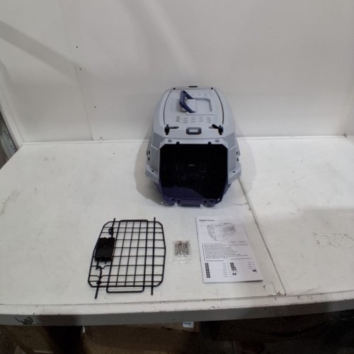 AMAZON BASICS TWO-DOOR TOP-LOAD HARD-SIDED PET TRAVEL KENNEL CARRIER CRATE FOR CATS OR DOGS, 19" X 12" X 10" - GREY/BLUE (MODEL: B00OP6SMCI) image 2
