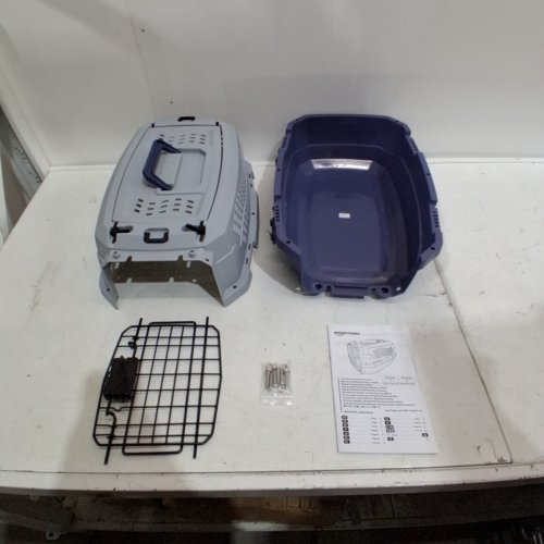 AMAZON BASICS TWO-DOOR TOP-LOAD HARD-SIDED PET TRAVEL KENNEL CARRIER CRATE FOR CATS OR DOGS, 19" X 12" X 10" - GREY/BLUE (MODEL: B00OP6SMCI) image 3