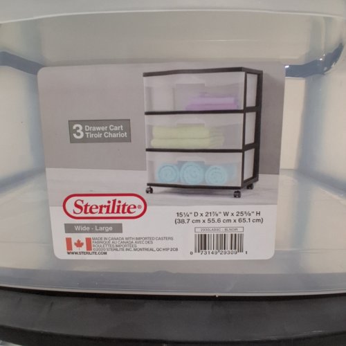 STERLITE WIDE 3-DRAWER STORAGE CART WITH WHEELS - 15.25" X 21.8" X 25.6" - BLACK (MODEL: 29309001) image 2