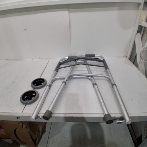 MEDLINE 2 BUTTON FOLDING PORTABLE WALKER WITH 5'' WHEELS & ADJUSTABLE HEIGHT - 300LBS CAPACITY - SILVER (MODEL: MDS86410W54H) image 2