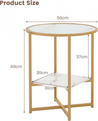 2PK COSTWAY 2-TIER TEA TABLE WITH FAUX MARBLE STORAGE SHELF - GOLD/WHITE (MODEL: JV11214WH-2) image 2