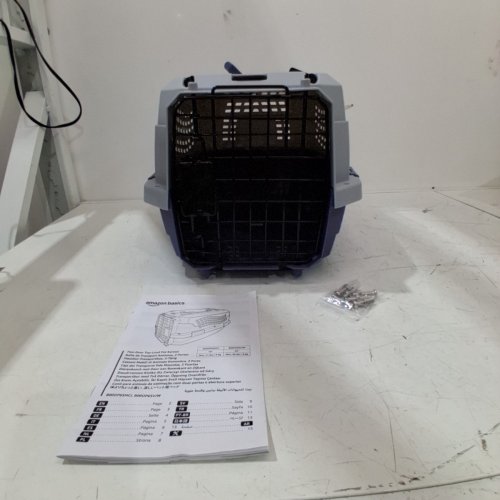 AMAZON BASICS TWO-DOOR TOP-LOAD HARD-SIDED PET TRAVEL KENNEL CARRIER CRATE FOR CATS OR DOGS, 19" X 12" X 10" - GREY/BLUE (MODEL: B00OP6SMCI) image 2