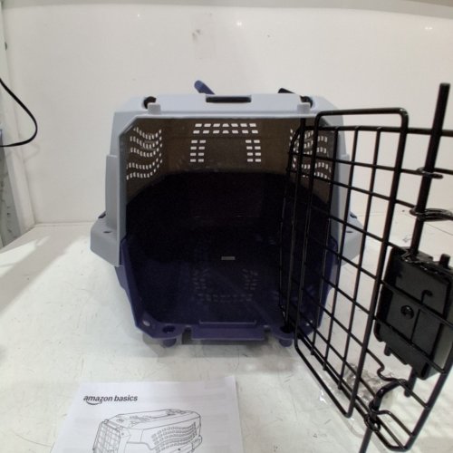 AMAZON BASICS TWO-DOOR TOP-LOAD HARD-SIDED PET TRAVEL KENNEL CARRIER CRATE FOR CATS OR DOGS, 19" X 12" X 10" - GREY/BLUE (MODEL: B00OP6SMCI) image 3