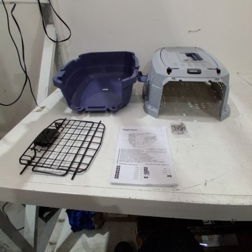 AMAZON BASICS TWO-DOOR TOP-LOAD HARD-SIDED PET TRAVEL KENNEL CARRIER CRATE FOR CATS OR DOGS, 19" X 12" X 10" - GREY/BLUE (MODEL: B00OP6SMCI) image 5