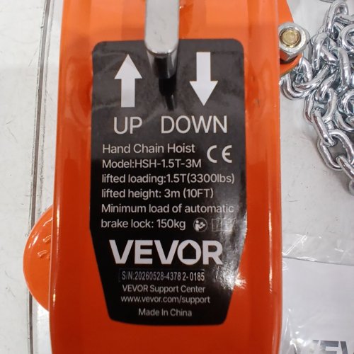 MANUAL LEVER CHAIN HOIST WITH 360° ROTATING HOOKS - 10FT - 3300LB (1.5T) LIFTING LOAD - ORANGE (MODEL: HSH-1.5T-3M) image 3