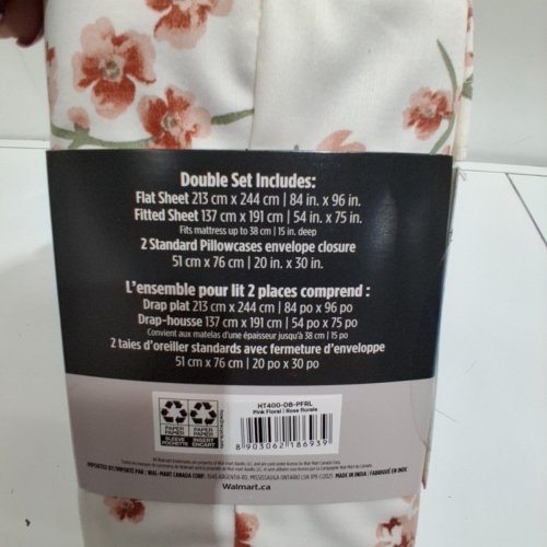 4PC HOMETRENDS PERFORMANCE COTTON SHEET SET - DOUBLE - 400 THREAD COUNT - PINK FLORAL (STYLE: HT400-DB-PFRL) image 4
