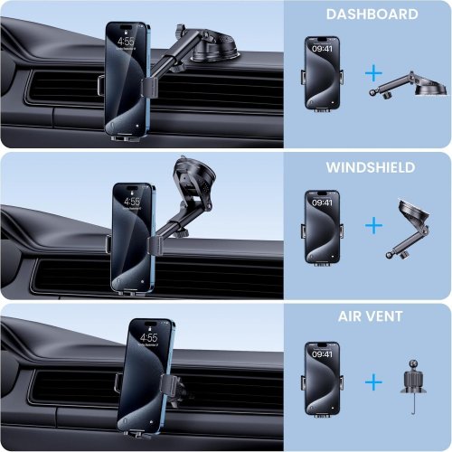 GUWEZ 3-IN-1 UNIVERSAL CAR PHONE HOLDER MOUNT FOR WINDSHIELD, DASHBOARD, & VENT (MODEL: Q05-A01) image 2