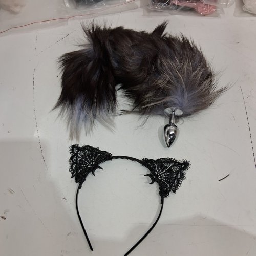 2PC CAT EARS AND BUTT PLUG TAIL - SMALL- BLACK EARS WITH BLACK/BLUE/GREY TAIL image 2