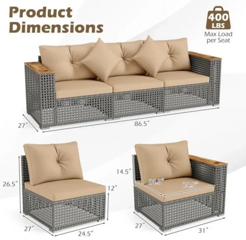3PC COSTWAY OUTDOOR PATIO SECTIONAL COUCH WITH CUPHOLDER ARMRESTS - 86" X 27" - GRAY W/BROWN CUSHIONS - (MODEL: HW75124BN) image 2