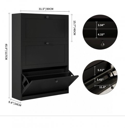 WOODEN SHOE CABINET WITH 3 FLIP DRAWERS - 31" X 9" X 46" - BLACK - (MODEL: JY-231016) image 2