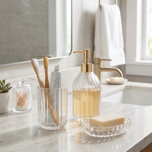 3PC THRESHOLD BATHROOM ACCESSORY SET -GLASS/GOLD image 2