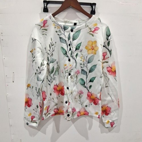 WOMEN'S FLORAL BUTTON UP CARDIGAN - MEDIUM - WHITE/GREEN/RED image 2
