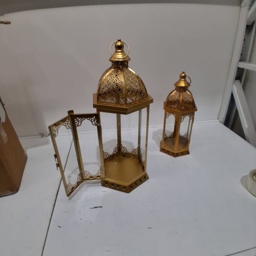 2PC JHY DESIGN METAL VINTAGE CANDLE LANTERNS - 22" - 17" - GOLD - (MODEL: 40348) image 2