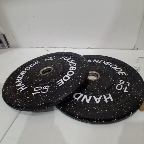 2PK HANDBODE WEIGHT PLATES FOR BARBELL - 10LBS EACH - BLACK/WHITE (MODEL:HIBUMPER-10LB) image 2