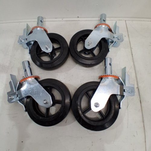 4PK IRON CORE ROUND STEM POLYURETHANE SWIVEL CASTER WHEELS WITH DUAL LOCKING BRAKE - 8" X 2" - 1100LBS CAP PER WHEEL - BLACK/SILVER image 2