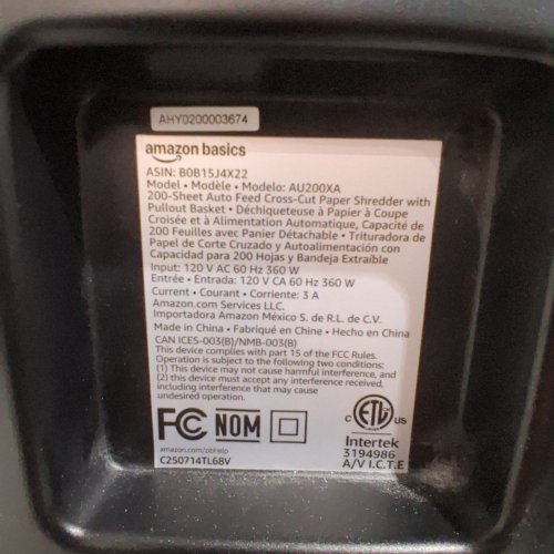 AMAZON BASICS 200-SHEET AUTO-FEED CROSS-CUT PAPER SHREDDER WITH PULLOUT BASKET - 200 SHEET - 120 V - 360W - BLACK (MODEL: B0B15J4X22/AU200XA) image 4