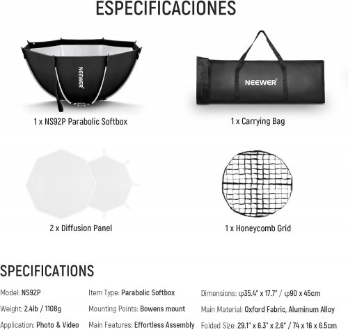 NEEWER QUICK RELEASE PARABOLIC SOFT BOX WITH DIFFUSION PANEL / HONEYCOMB GRID & CARRY BAG - 35" - BLACK (MODEL: NS92P) image 2