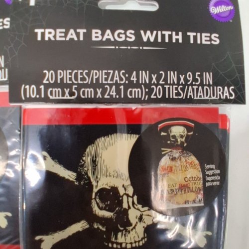 4(20PK) HALLOWEEN TREAT BAGS WITH TIES - 4" X 2" X 9.5" - BLACK / RED image 3