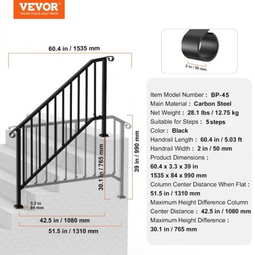 5 STEP OUTDOOR METAL HANDRAIL KIT - 60" - BLACK - (MODEL: BP-45) image 2