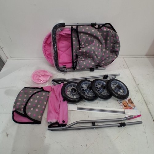 KIDS BAYER XEO DOLLS PRAM/STROLLER WITH BAG, ADJUSTABLE/REVERSIBLE HANDLE - DOLLS UP TO 18" - GREY/PINK (MODEL: 17033AA) image 2