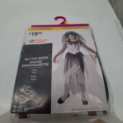 2PC GIRLS WAY TO CELEBRATE BLOODY BRIDE COSTUME DRESS, VEIL - LARGE (10-12) - WHITE/BLACK/RED image 2