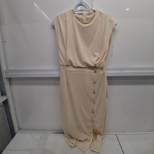 WOMEN'S CAP SLEEVE MIDI DRESS SIDE SPLIT ROUND NECK BUSINESS CASUAL DRESSY GOWN - MEDIUM - CREAM image 3