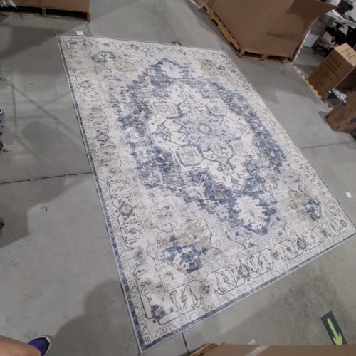 WASHABLE NON-SLIP VINTAGE AREA RUG - 8FT X 10FT - IVORY /BLUE image 2