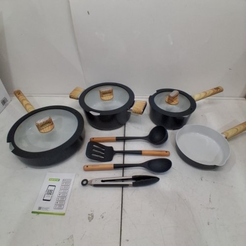 14PC NUTRICHEF CERAMIC NON-STICK INDUCTION SAFE COOKWARE SET, POTS AND PANS WITH GLASS LIDS, LADLE, TONGS & SPATULA - BLACK (MODEL: NCCWST14WDBK) image 2