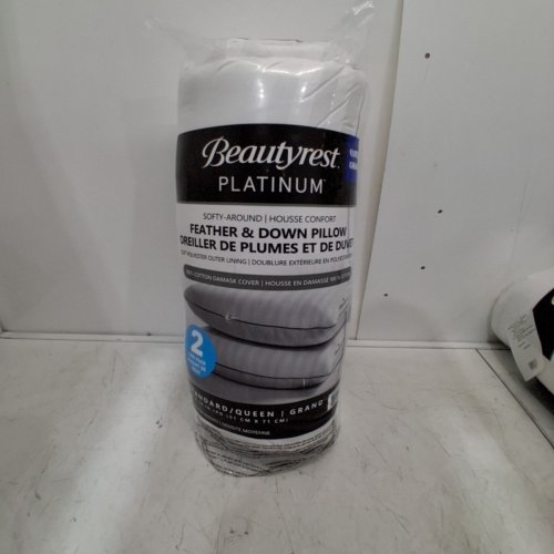 2PK BEAUTYREST MEDIUM DENSITY PLATINUM FEATHER AND DOWN PILLOW - QUEEN/STANDARD - 20" X 28" - WHITE/GREY (MODEL: 6688008) image 2