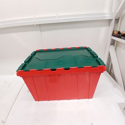 AKRO-MILS PLASTIC STACKABLE STORAGE KEEPBOX TOTE CONTAINER WITH ATTACHED HINGED LID - 12GAL - RED/GREEN - (MODEL: 66486RDGRN) image 2