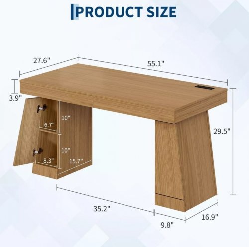 HOMFAN EXECUTIVE WOODEN WRITING DESK WITH STORAGE SPACE & CHARGING STATION - 55" X 28" X 29" - BROWN - (MODEL: AJ_DJ504490_2) image 2