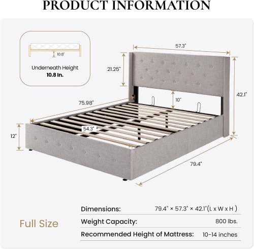 SHA CERLIN LIFT UP WOODEN PLATFORM BED FRAME WITH INTERNAL STORAGE - FULL - BEIGE - (MODEL: KBMV0001) image 2