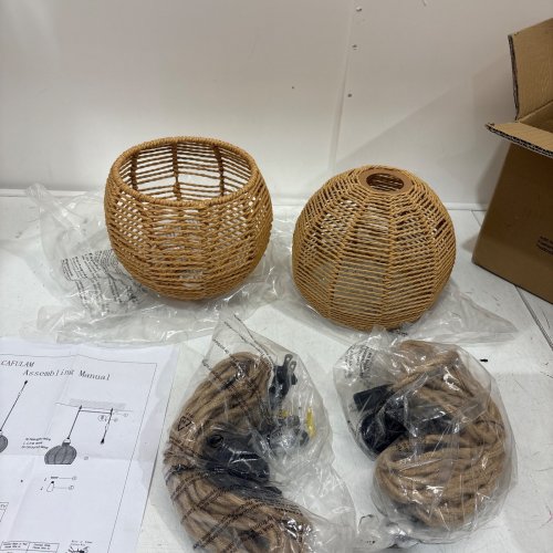 2PK CAFULAM FARMHOUSE PENDANT LIGHT, WOVEN RATTAN LAMP SHADE, 18FT ROPE - BROWN image 4