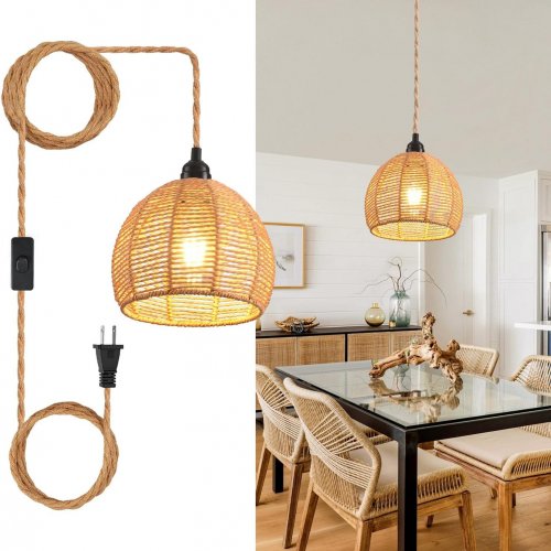2PK CAFULAM FARMHOUSE PENDANT LIGHT, WOVEN RATTAN LAMP SHADE, 18FT ROPE - BROWN image 2