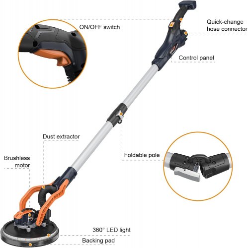MAXXT FOLDABLE BRUSHLESS ORBITAL POWERFUL 6 VARIABLE SPEED ELECTRIC DRYWALL SANDER WITH 360° LED LIGHT - ORANGE (MODEL: MBLS550FB) image 2