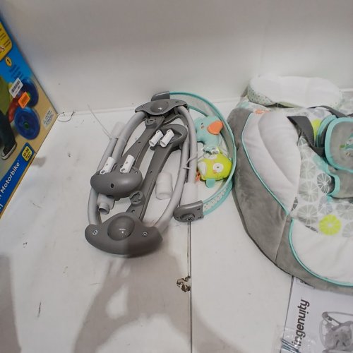 INGENUITY BRIGHT STARTS SWING 'N GO PORTABLE SWING WITH MULTIPLE SOUNDS/SWING SETTINGS, 20LBS CAPACITY - HUGS & HOOTS - GREY/TEAL/WHITE (MODEL: 10247-ES) image 6