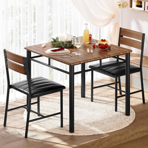 3PC IRONCK 2 PERSON DINING SET WITH KITCHEN TABLE - 29.1" X 29.1" X 29.9", 220LBS CAP - 2 UPHOLSTERED CHAIRS - 14.2" X 15.9" X 33.7", 300LBS CAP - WALNUT (MODEL: HK-DT-E04) image 2