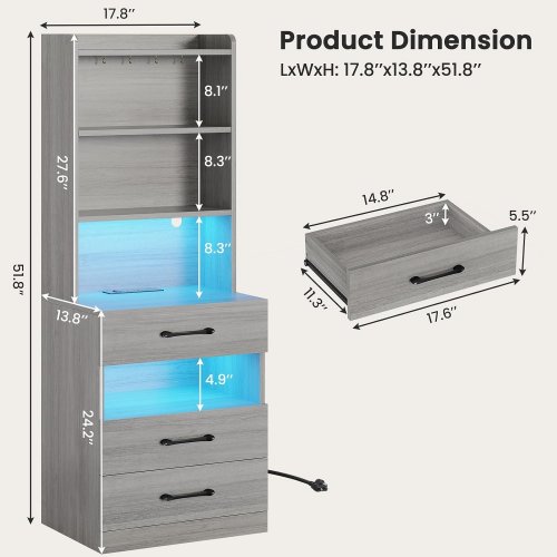 2PK VIAGDO TALL NIGHTSTANDS WITH BOOKSHELF, CHARGING STATION AND LED LIGHTS - GREY (MODEL: AJ-DJ503905) image 2