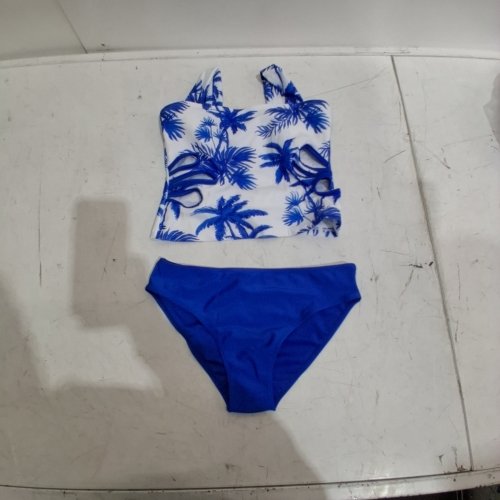 2PC GIRLS TANKINNI SWIMSUIT - MEDIUM 6/7 YR - BLUE WHITE image 2