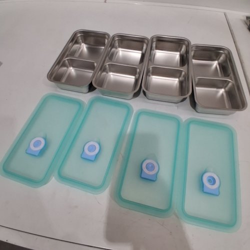 8PC STAINLESS STEEL DOUBLE COMPARTMENT SNACK CONTAINER- SILVER/BLUE image 2