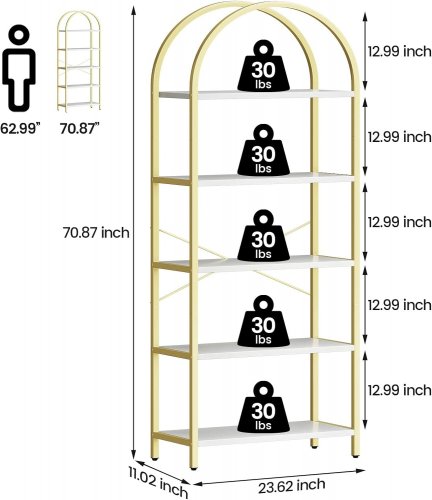 5 TIER ARCHED BOOKSHELF WITH METAL FRAME FOR LIVING ROOM - GOLD (MODEL: YJ-SJ104-BR-X-0-S) image 2