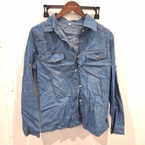 WOMEN'S DENIM LONG SLEEVE BUTTON-FRONT SHIRT - LARGE - BLUE image 2