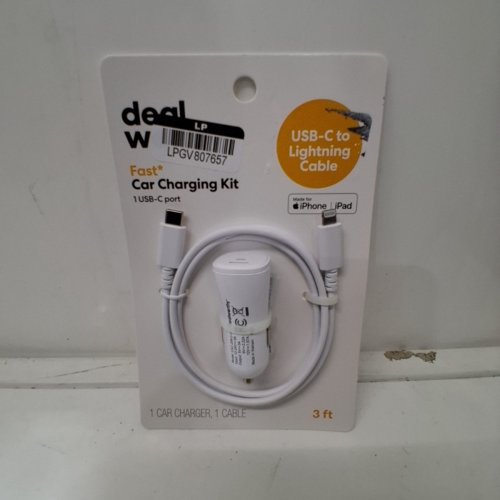2PC DEALWORTHY FAST CAR CHARGING KIT WITH ADAPTER AND USB-C TO LIGHTNING CABLE - 3FT - 20W MAX - WHITE image 2