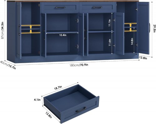 BOTLOG WOODEN BUFFET SIDEBOARD CABINET WITH 6 DOORS, 2 DRAWERS - 71" X 16" X 34" - BLACK - (MODEL: BOT-PB-042) image 2